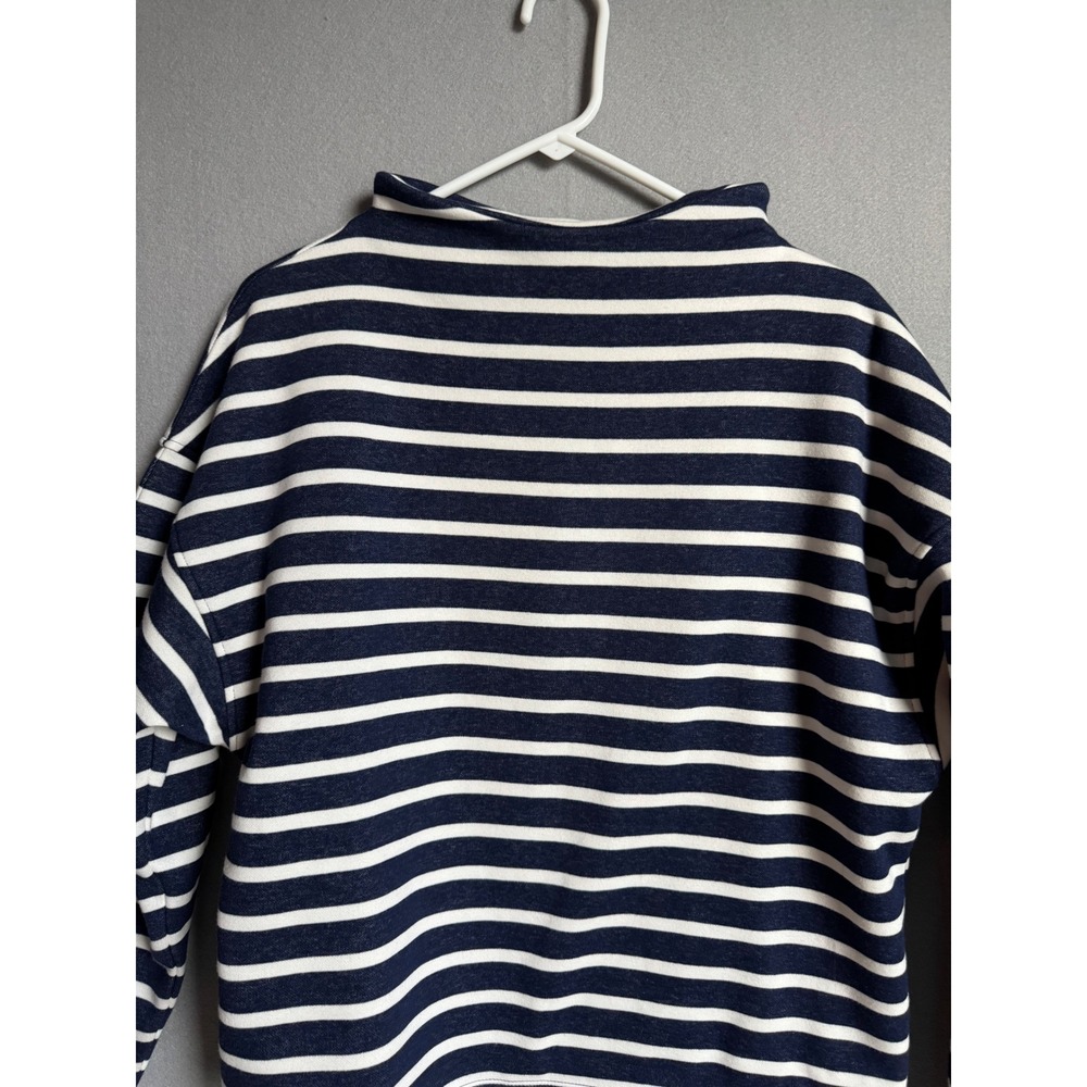 J.Crew Sweatshirt Womens M Navy Blue White Striped Mock Neck Fleece Lined Boxy - Picture 2 of 8